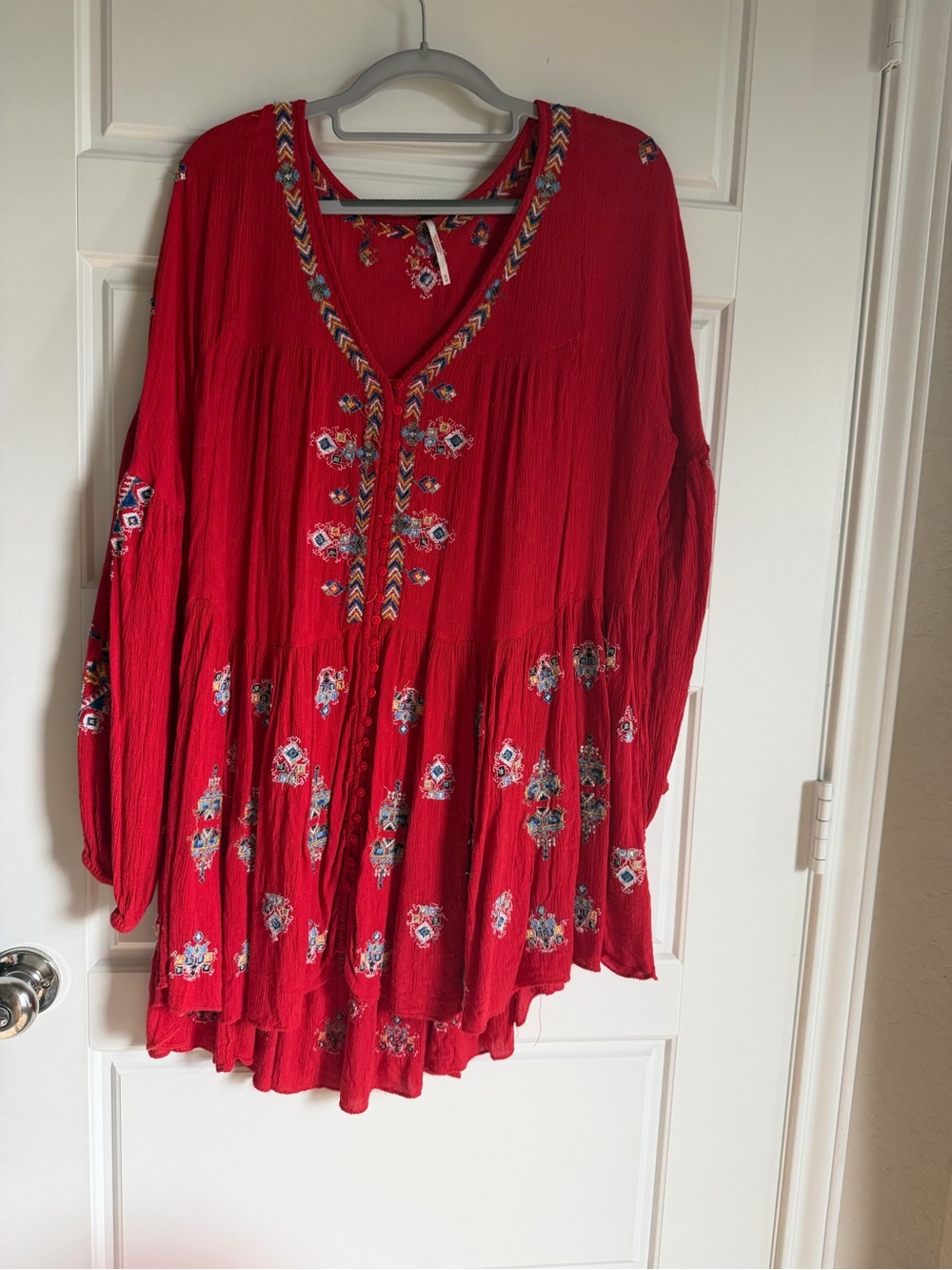 Free People Bohemian Embroidered Red Women's Button-Front Top